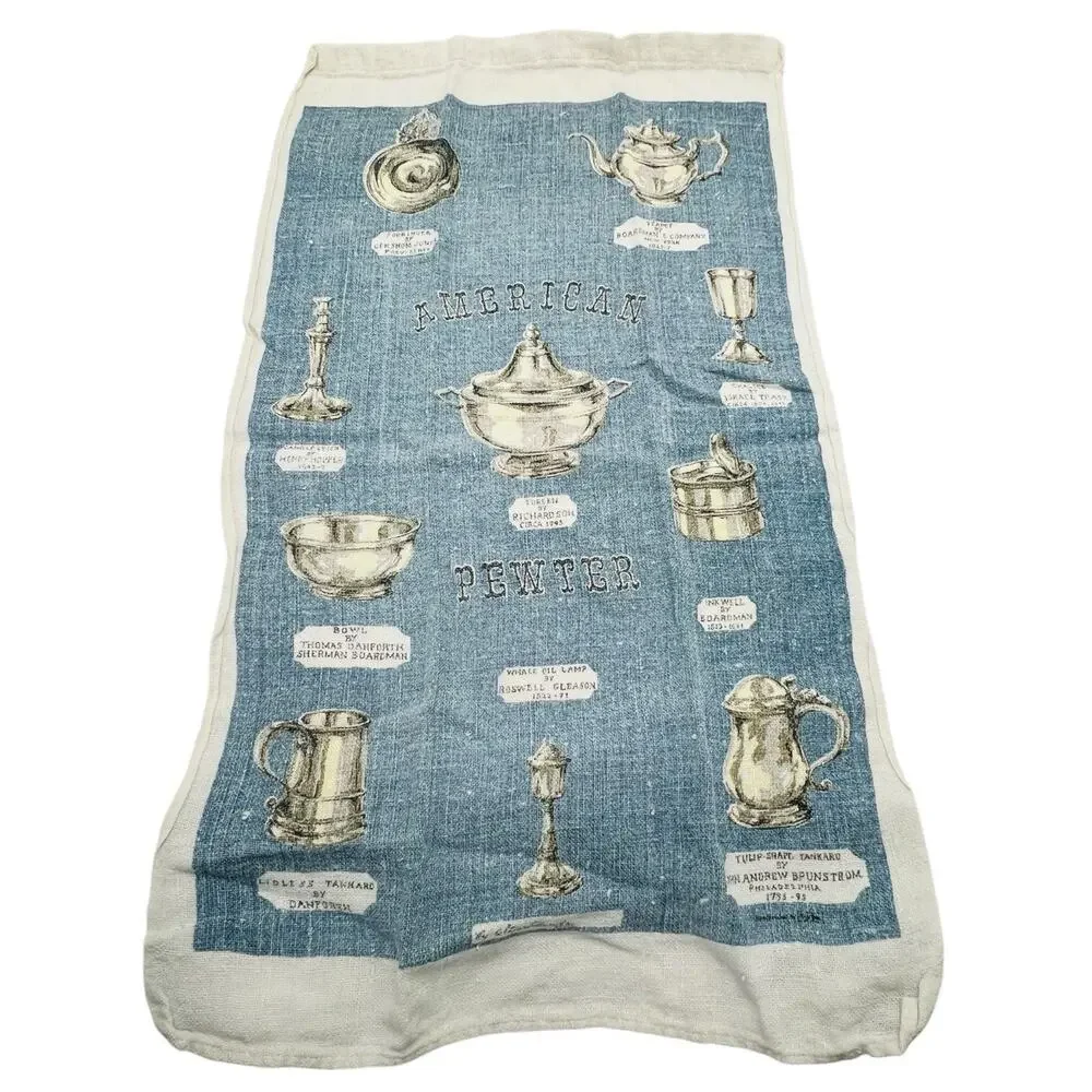 Kay Dee VTG 1950s MCM Hand Printed Linen Tea Towel Set American Pewter Kitchen‎